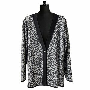 Misook Black & White Scroll Knit Cardigan Jacket 1-Button 2X Side Vents